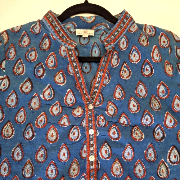 ANOKHI 100% Cotton Straight Tunic in Blue Ruby Red Handcrafted Pattern - Size M - Picture 5 of 13